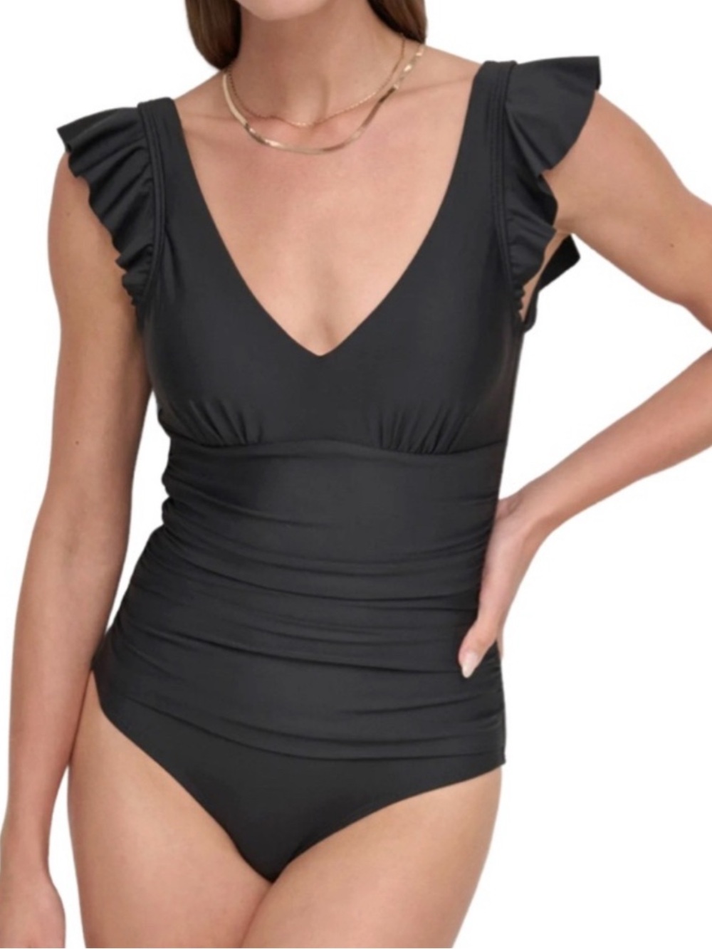 NEW DKNY One Piece Swimsuit Tummy Control Low Back Ruffle Straps Black Size S - Picture 1 of 16